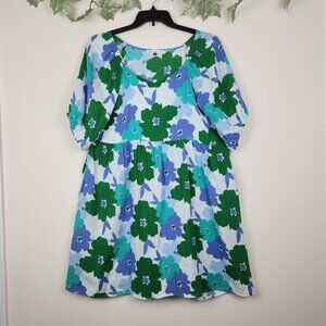 Michelle McDowell Size XL Gauze Short Sleeve Green Blue Floral A-Line Dress